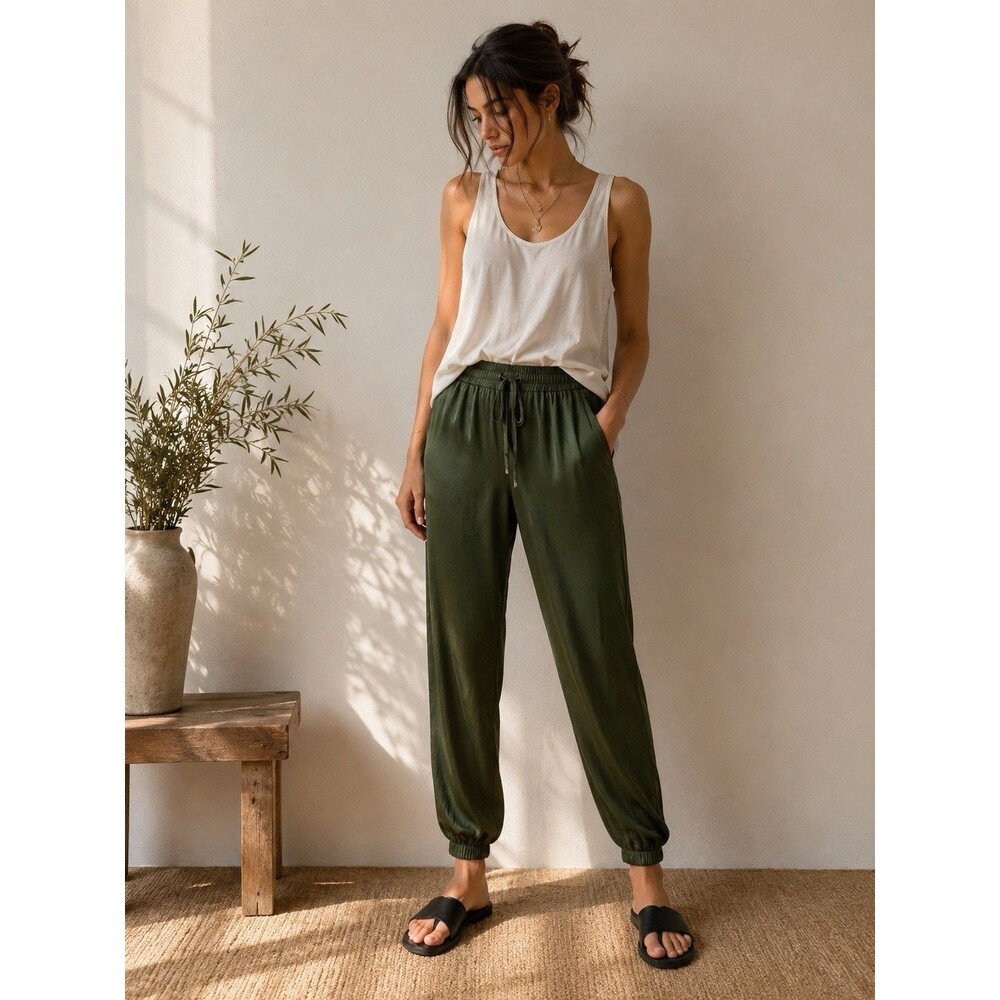 Nation LTD Forest Green Rayon Jogger Pants Womens M USA Drawstring Pull On